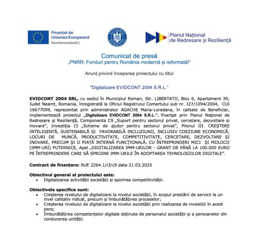 Comunicat de Presa PNRR : Digitalizare EVIDCONT 2004 S.R.L.